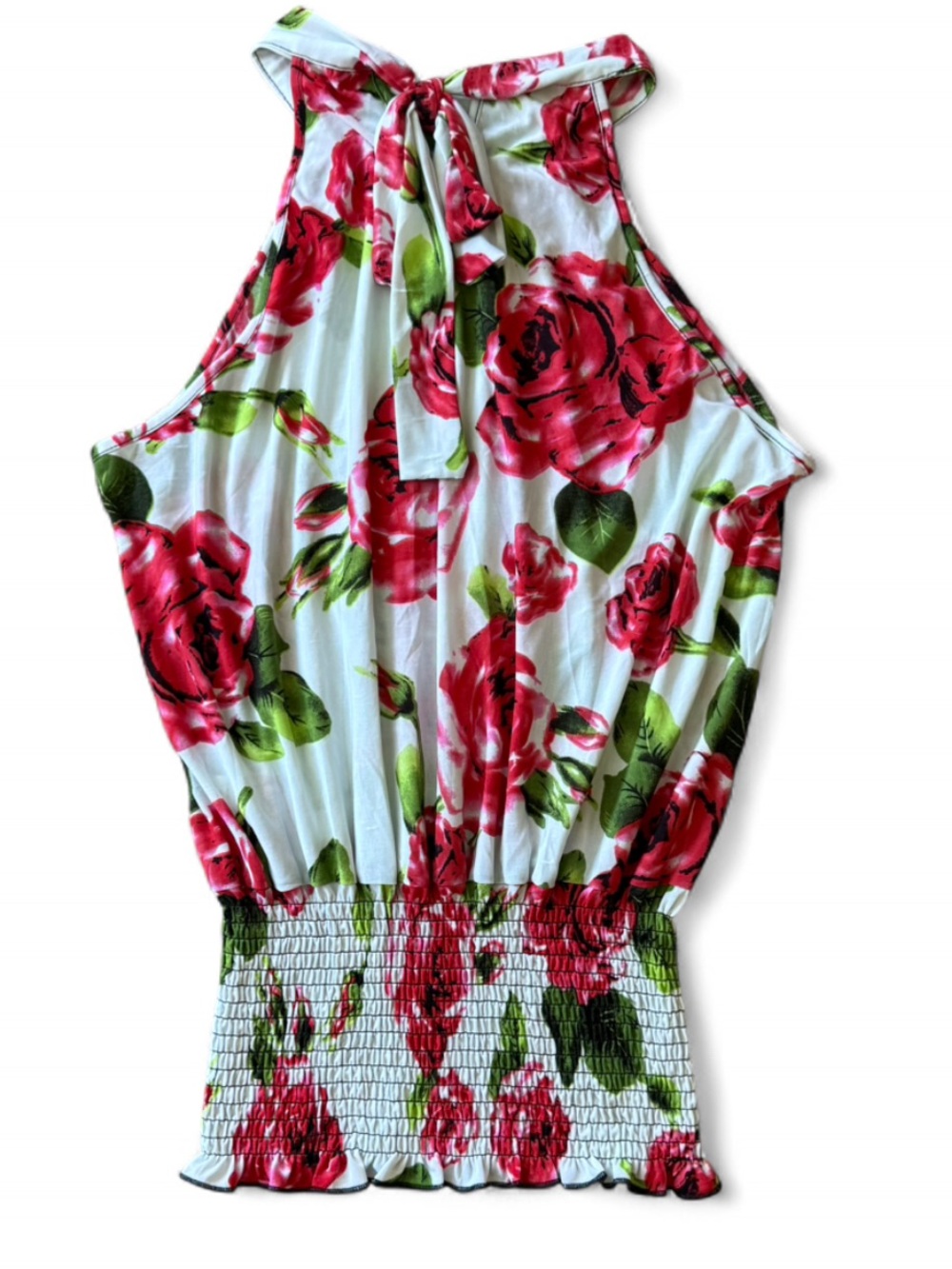 Floral Halter Neck Blouson Top Red Rose Print Smocked Waist Size Medium - Picture 4 of 4